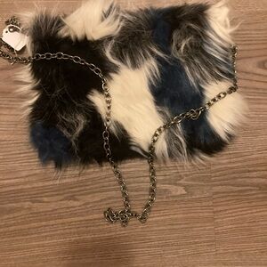 Faux Fur Chain Strap Clutch - Black, White, and Blue